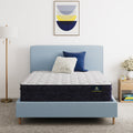 Serta Classic Clarks Hill 12.5" mattress sitting in a blue bed frame with 2 pillows on top of it.