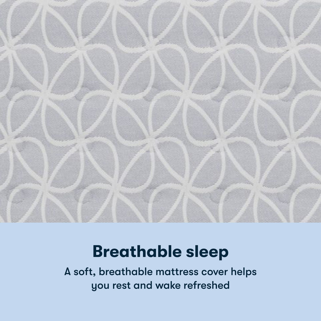 Serta Classic Clarks Hill Firm mattress with a chart underneath the image stating Breathable sleep. A soft, breathable mattress cover helps you rest and wake refreshed.
