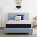 Serta Classic Clarks Hill 13" mattress sitting in a blue bed frame with 2 pillows on top of it.