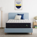 Serta Classic Clarks Hill 14.5" mattress sitting in a blue bed frame with 2 pillows on top of it.