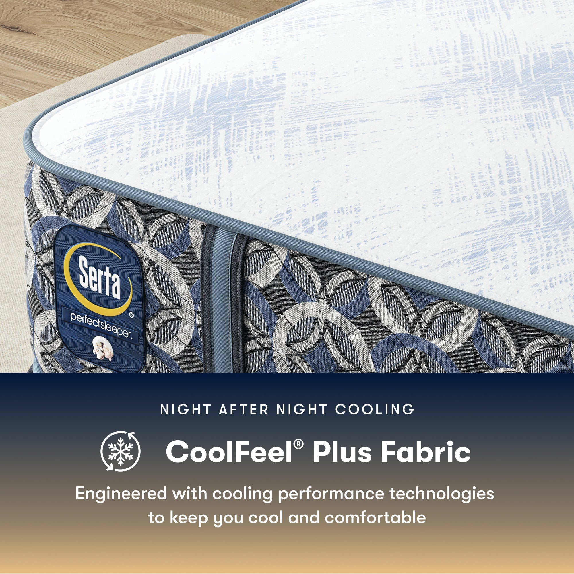 Serta Perfect Sleeper Hybrid Firm  mattress with CoolFeel Plus Fabric feature on a wooden floor.
