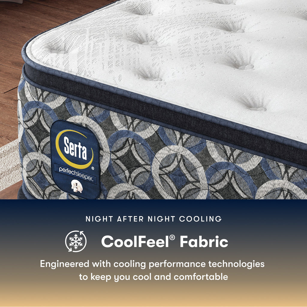 Serta perfect sleeper medium mattress with CoolFeel fabric feature on a wooden floor.