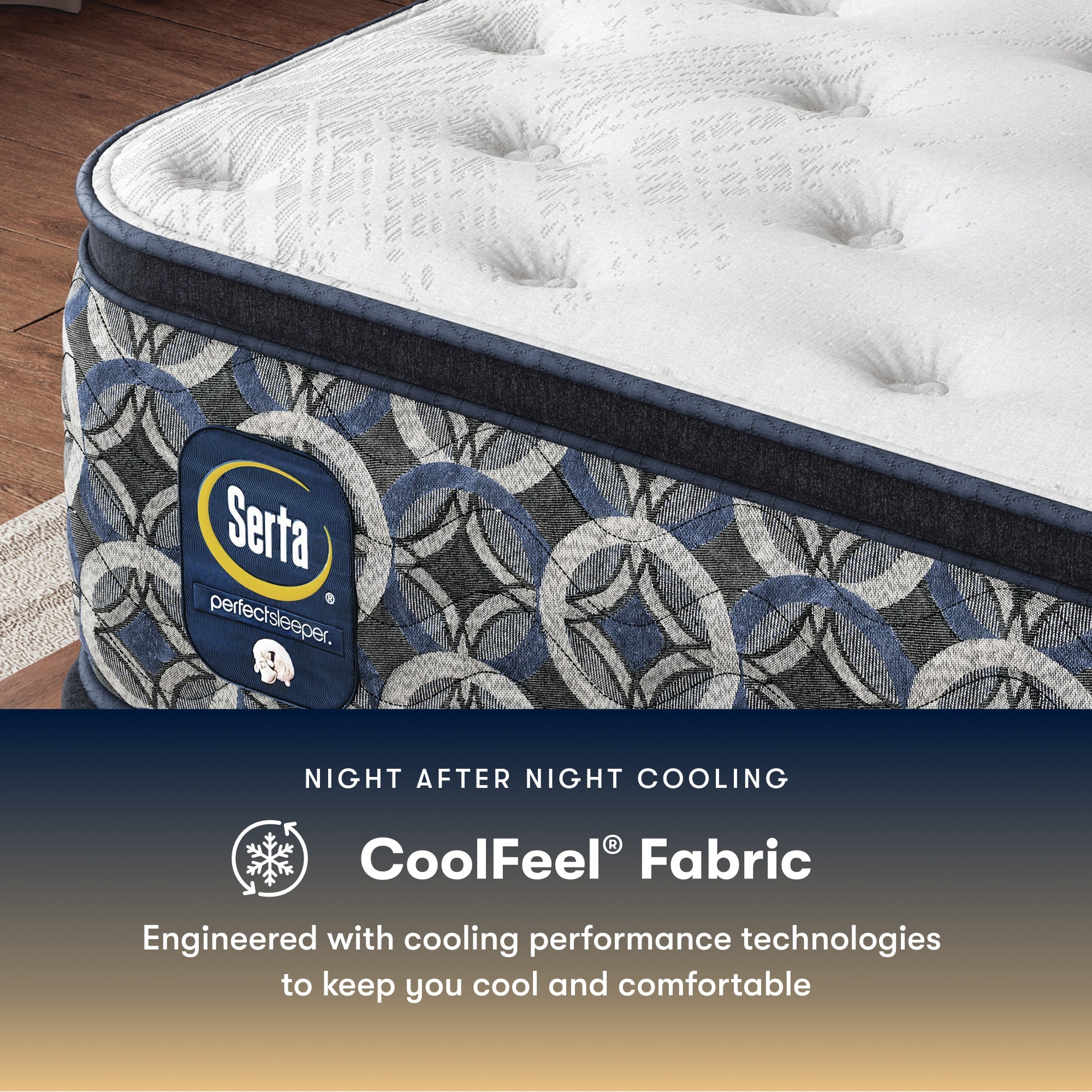 Serta perfect sleeper plush mattress with CoolFeel fabric feature on a wooden floor.