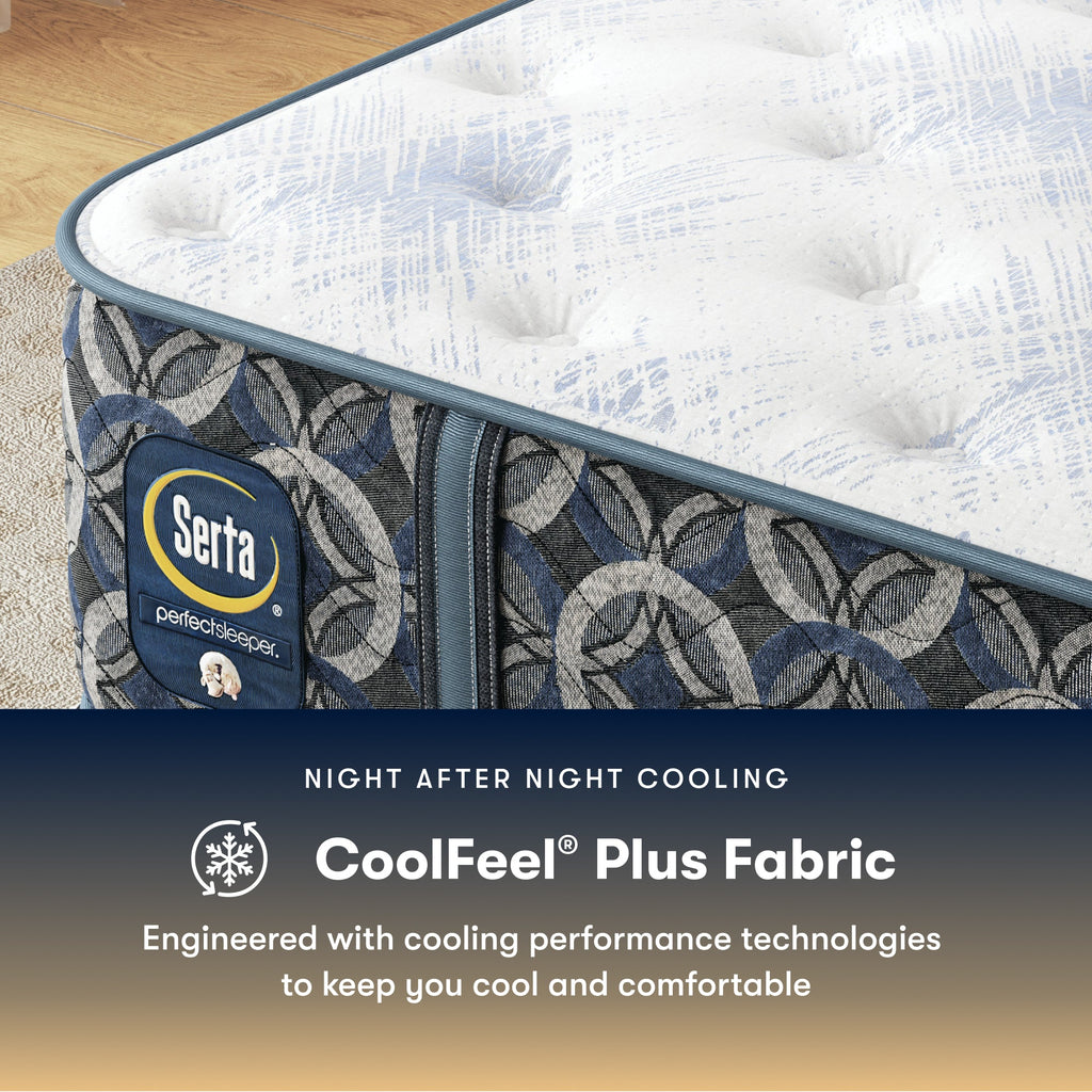 Serta perfect sleeper medium mattress with CoolFeel Plus Fabric feature on a wooden floor.