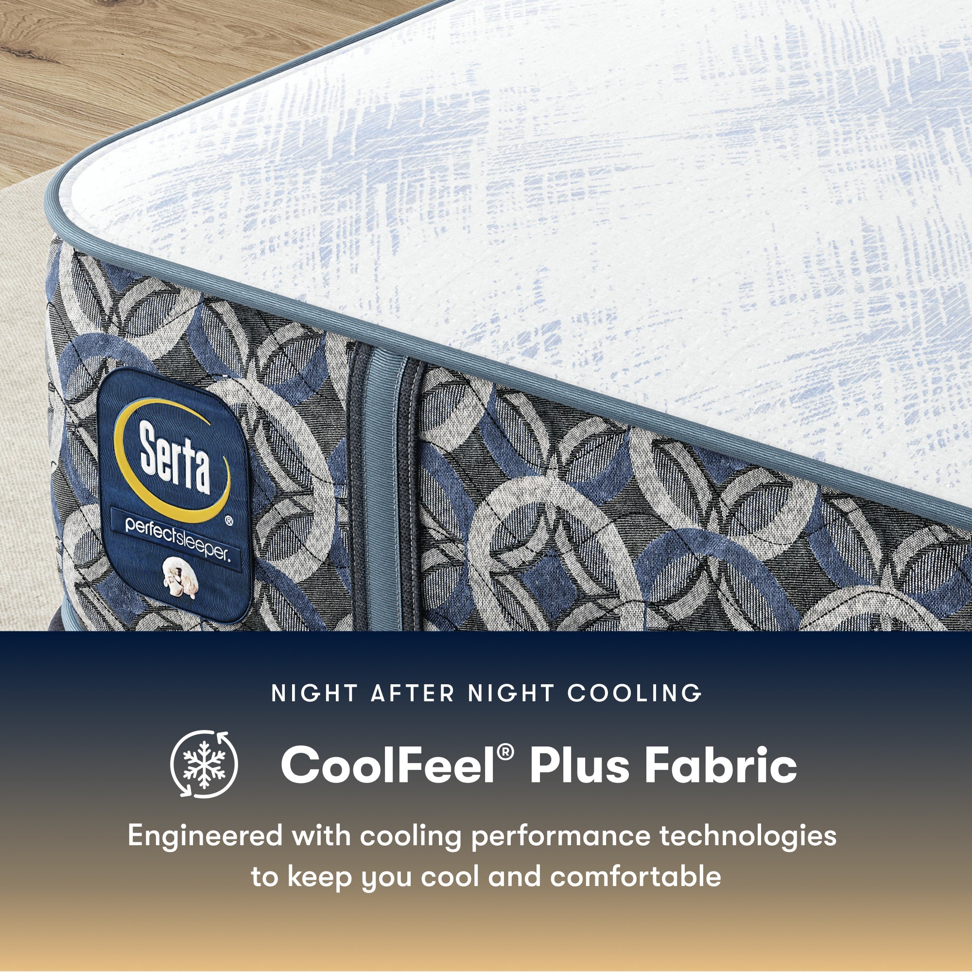 Serta perfect sleeper hybrid medium  mattress with CoolFeel Plus Fabric feature on a wooden floor.