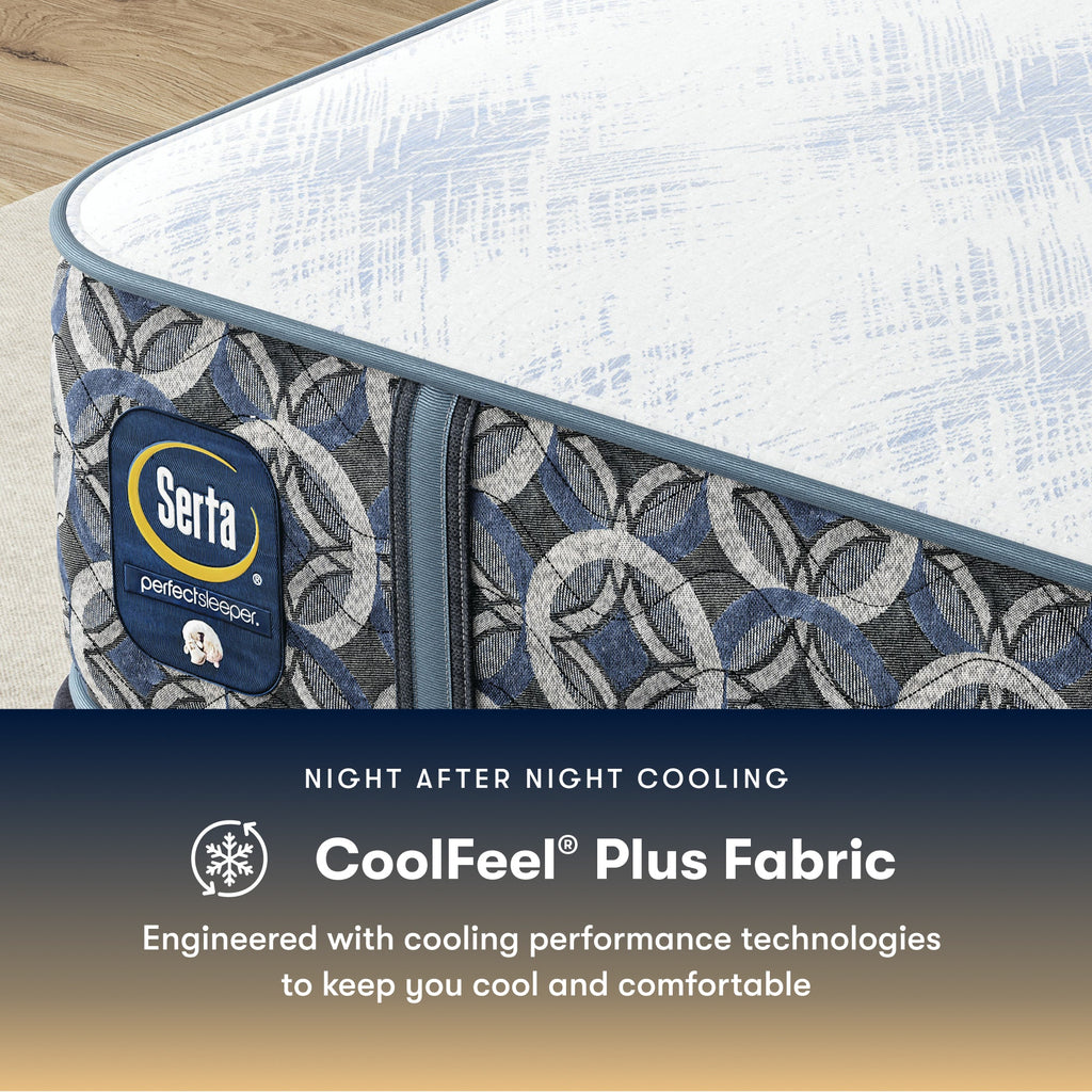 Serta pefect sleeper hybrid plush  mattress with CoolFeel Plus Fabric feature on a wooden floor.