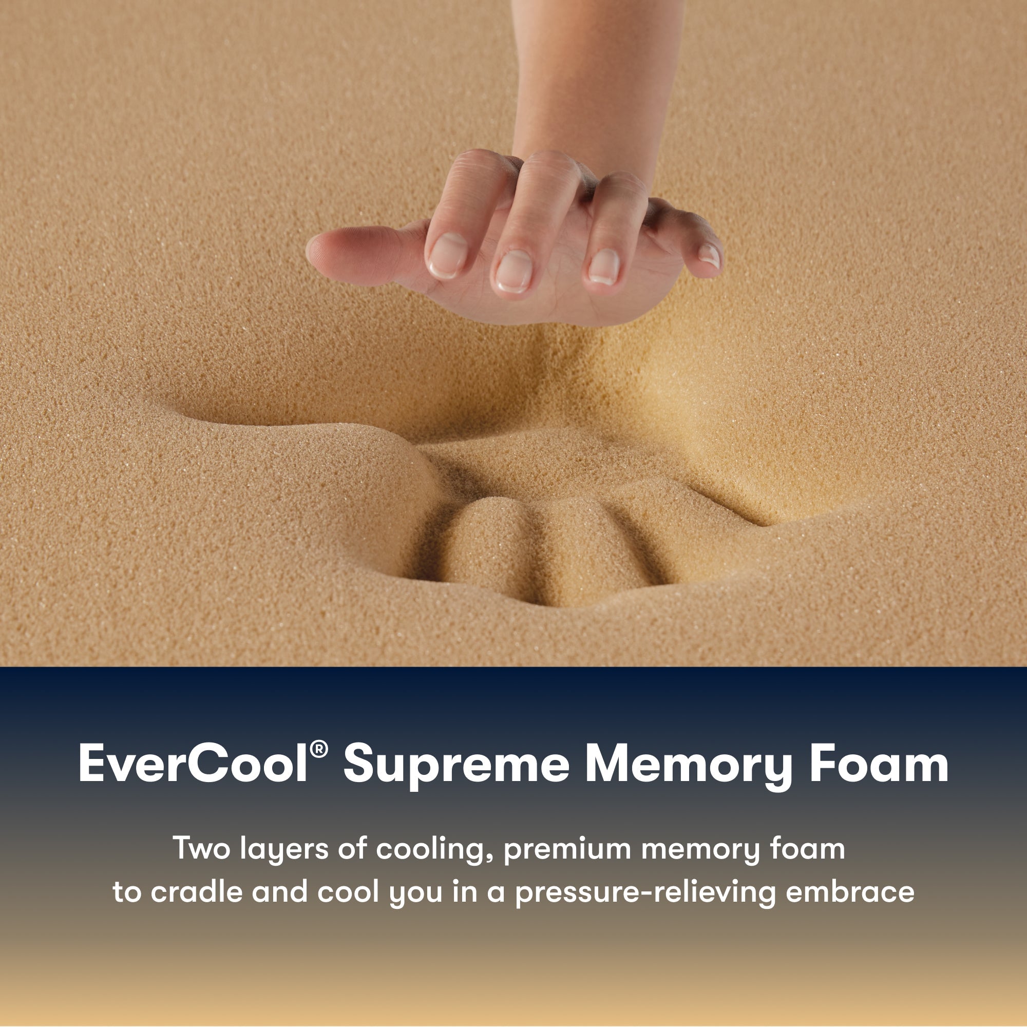 Hand pressing into Serta pefect sleeper hybrid plush mattress foam with text about EverCool Supreme Memory Foam