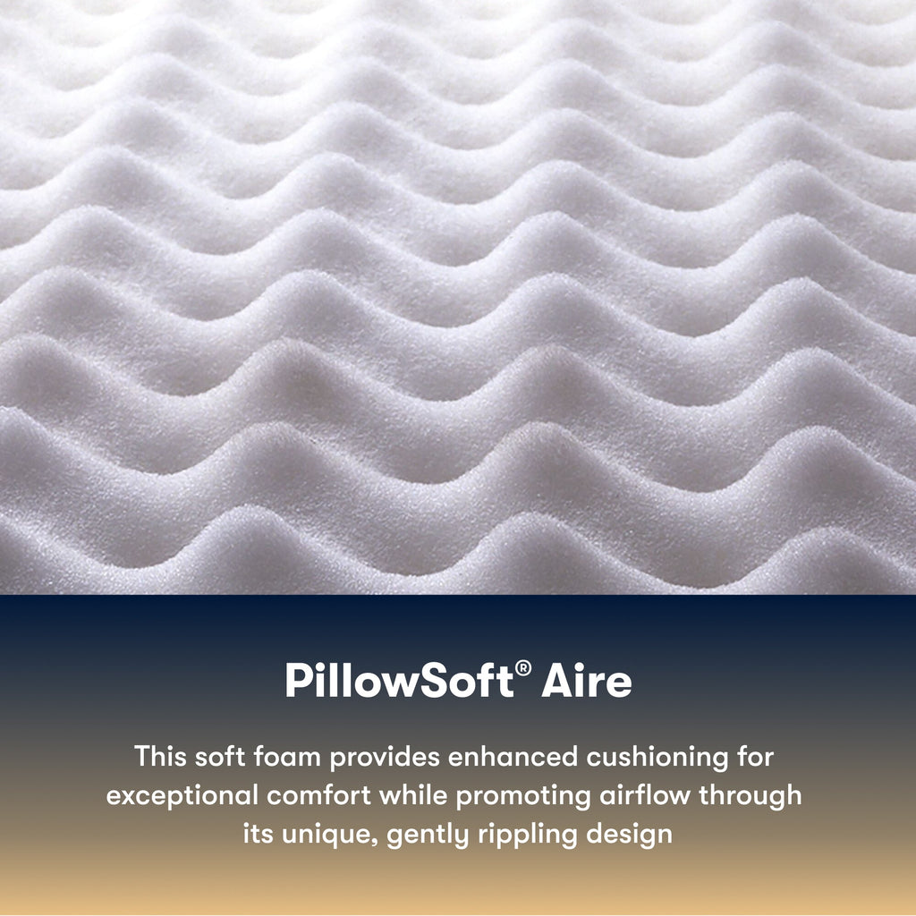 Close-up of the Serta perfect sleeper medium mattress PillowSoft Aire foam with text describing its features.