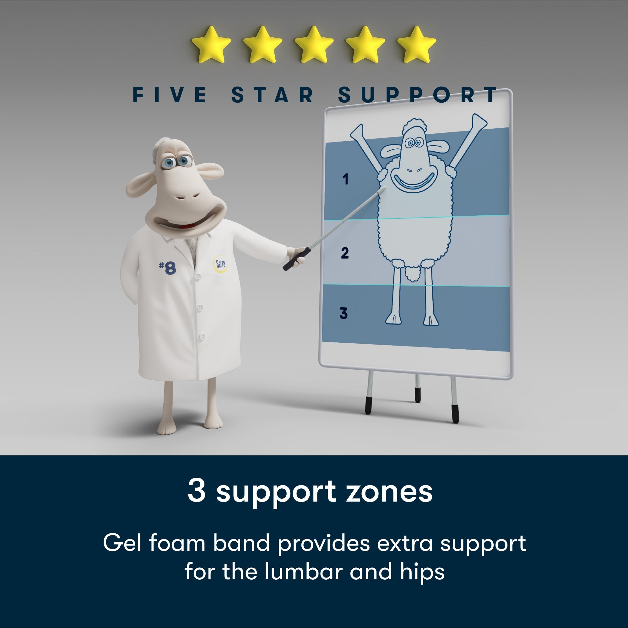 alt_txt Diagram showing 3 support zones.  Gel foam band provides extra support for the lumbar and hips