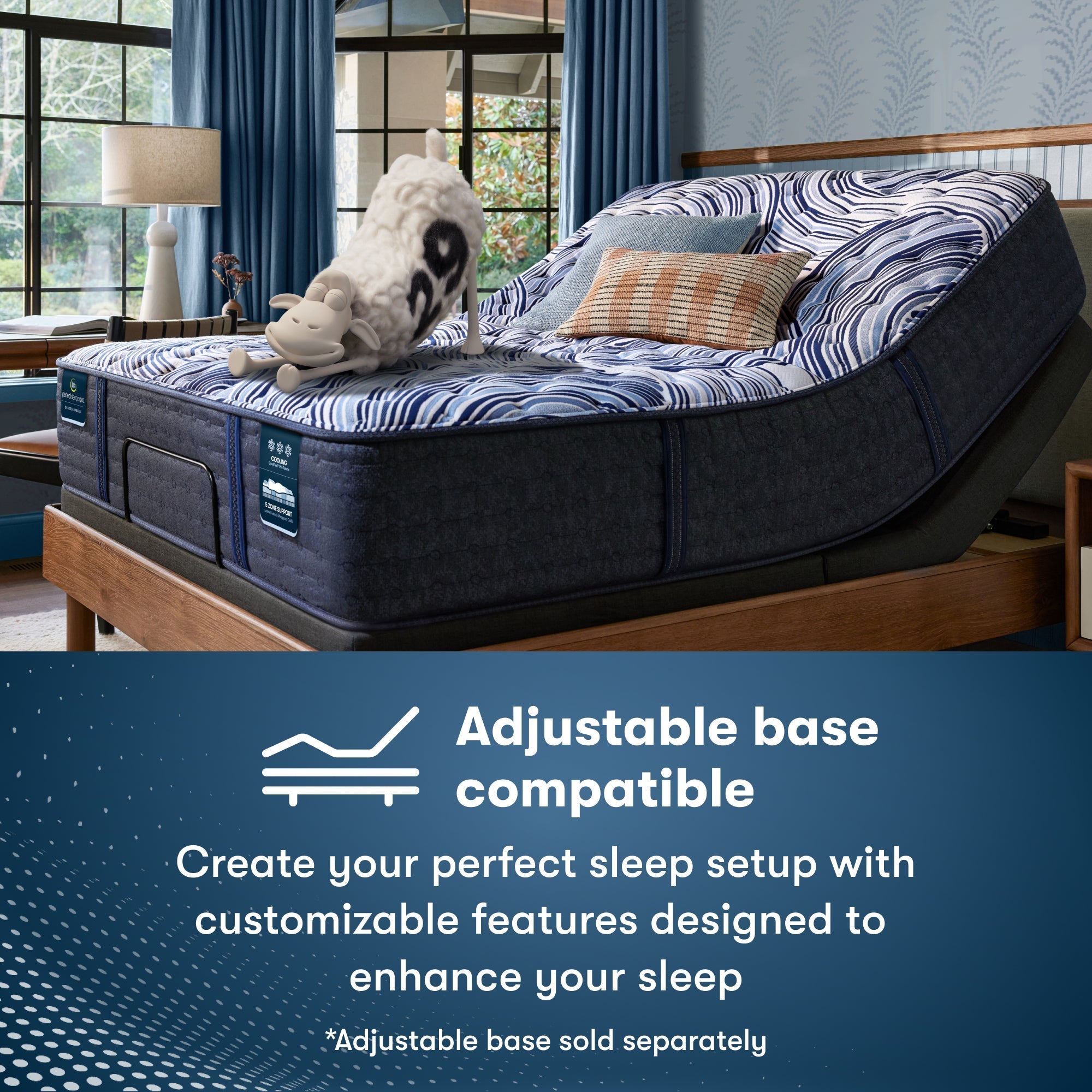 Serta Sheep sitting on a Perfect Sleeper Pro Geneva Firm Mattress that is sitting in an adjustable base || Level: Level 2 || Feel: Firm

