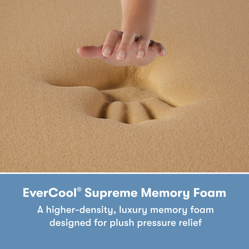 Woman's hand pressing on the memory foam inside of a Perfect Sleeper X Quilted Hybrid Excelled Plush Mattress || feel: Enhanced Plush || level: Level 1