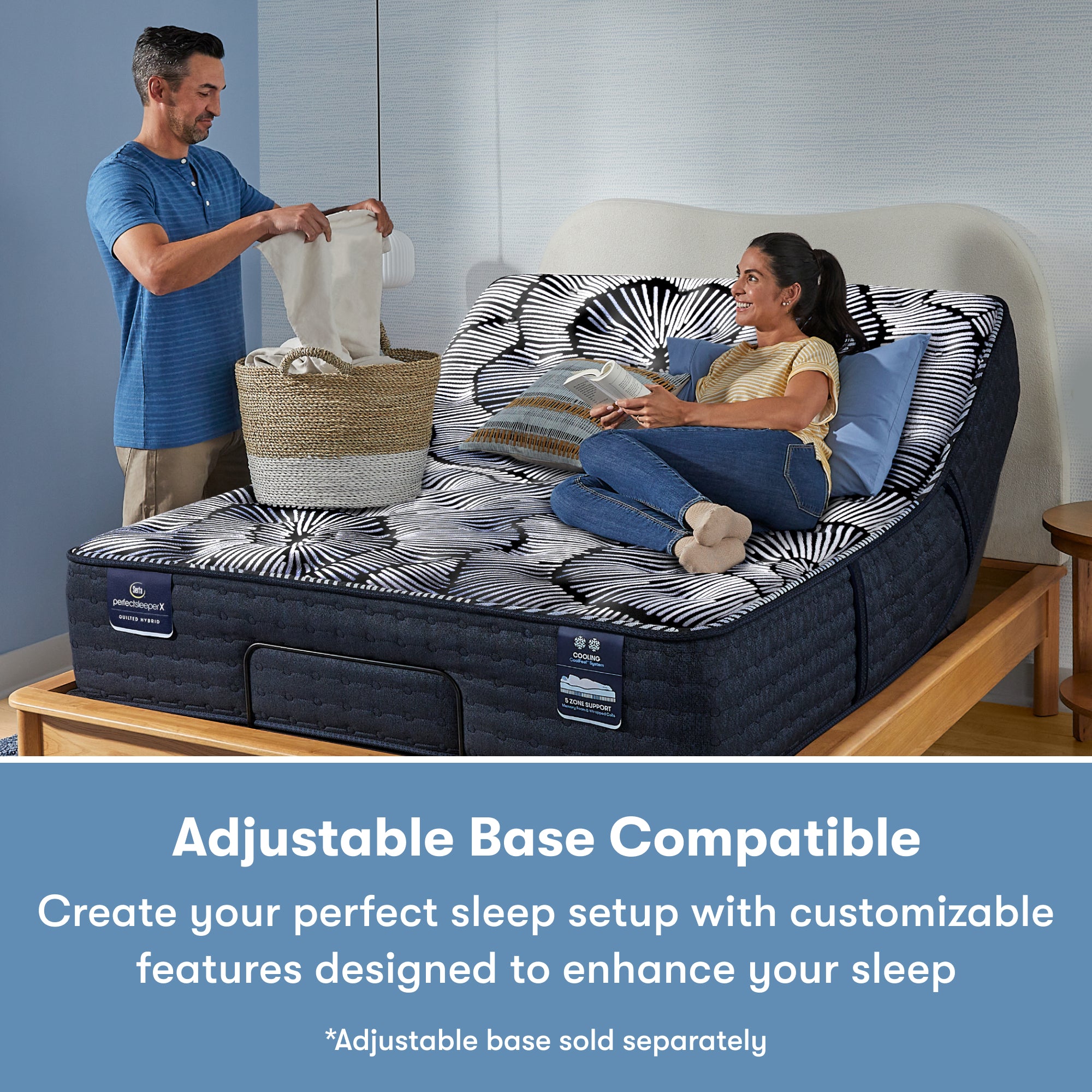 Man standing to the left of and a woman laying on a Perfect Sleeper X Quilted Hybrid Knox Plush Mattress sitting in an adjustable base frame || feel: Plush || level: Level 1