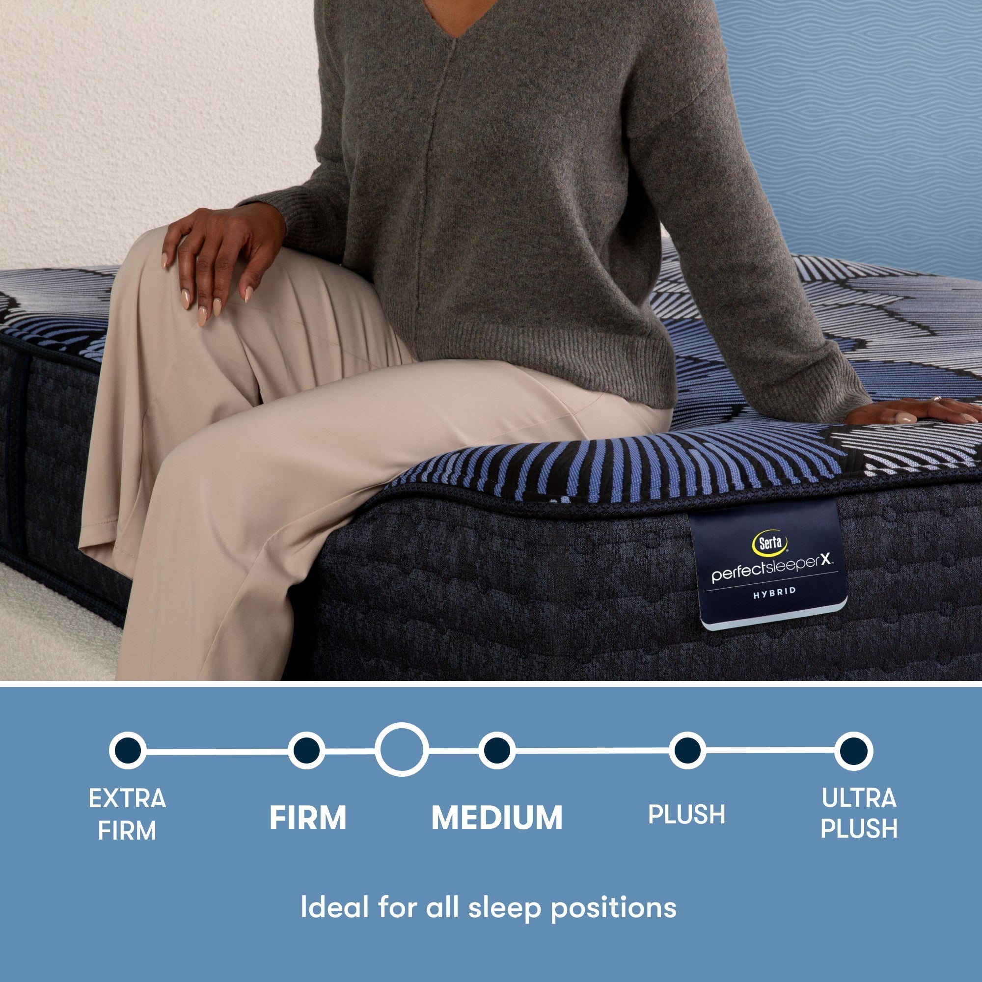 Perfect Sleeper X Hybrid Prescot Medium Firm comfort scale with a woman sitting on the left side of the mattress || feel: Medium Firm || level: Level 2