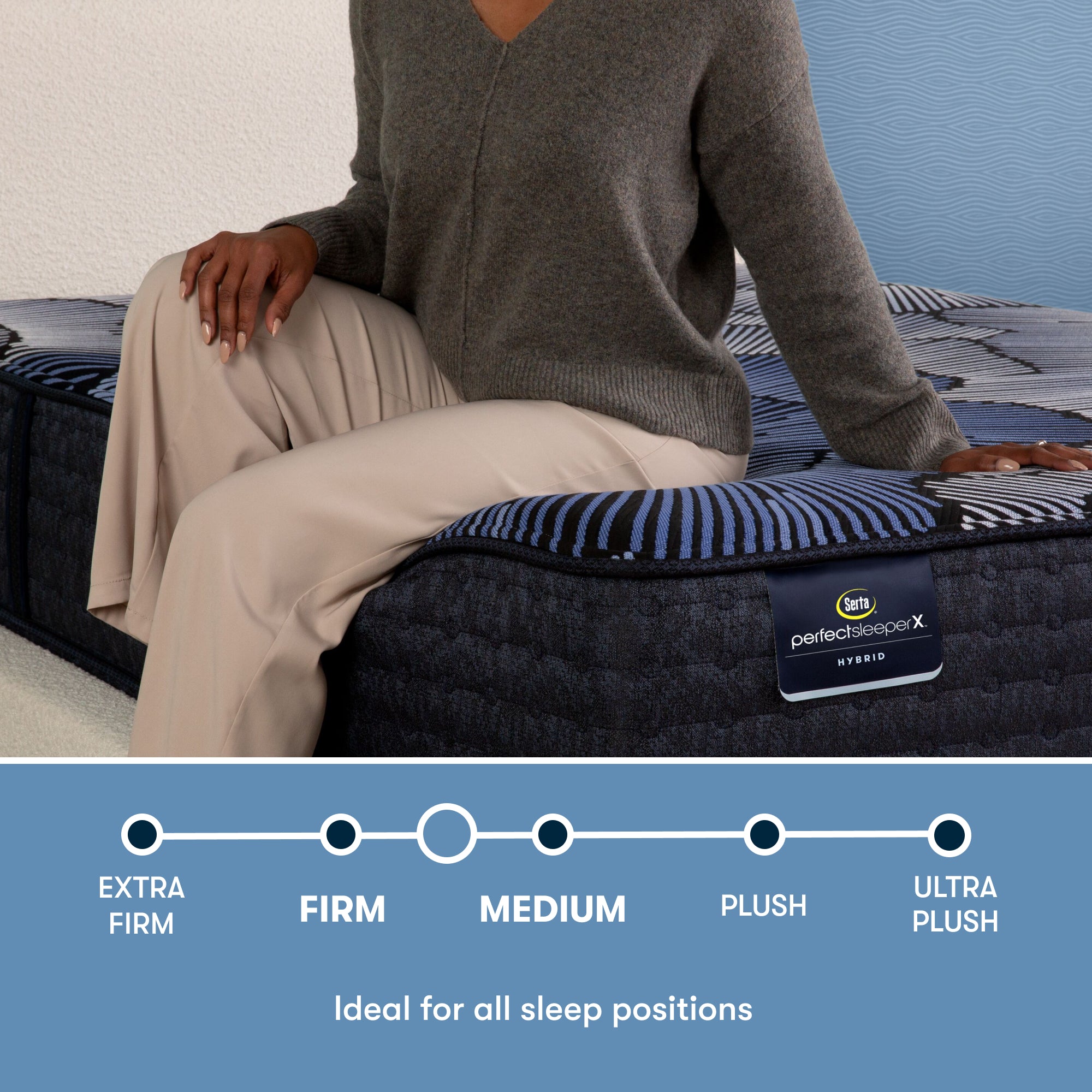 Perfect Sleeper X Hybrid Prescot Medium Firm comfort scale with a woman sitting on the left side of the mattress || feel: Medium Firm || level: Level 2