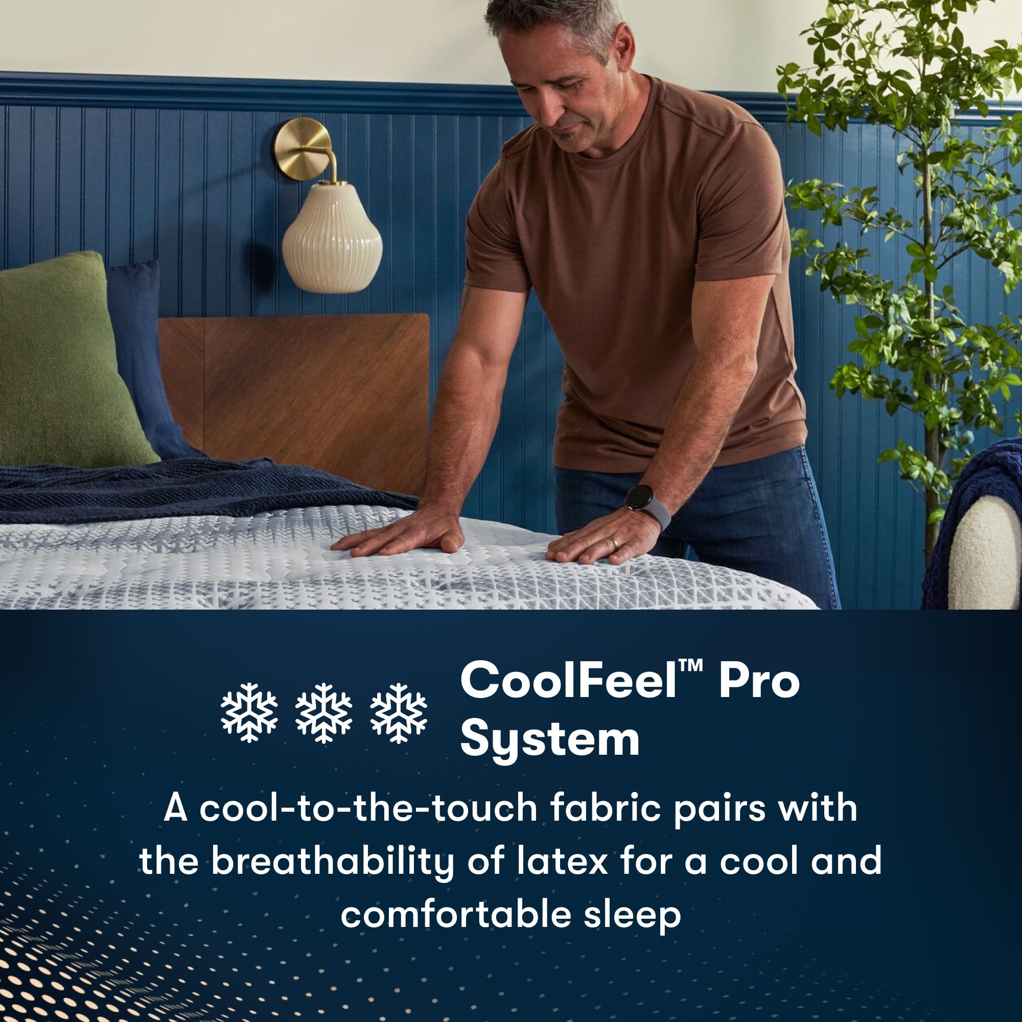 Man standing at the right of an iComfortPro Kingston Firm Mattress feeling the comfort || feel: firm || level: Level 3