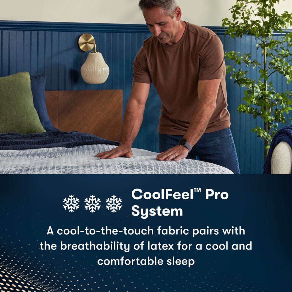 Man standing at the right of an iComfortPro Chelsea Medium Mattress feeling the comfort || feel: Medium || level: Level 1