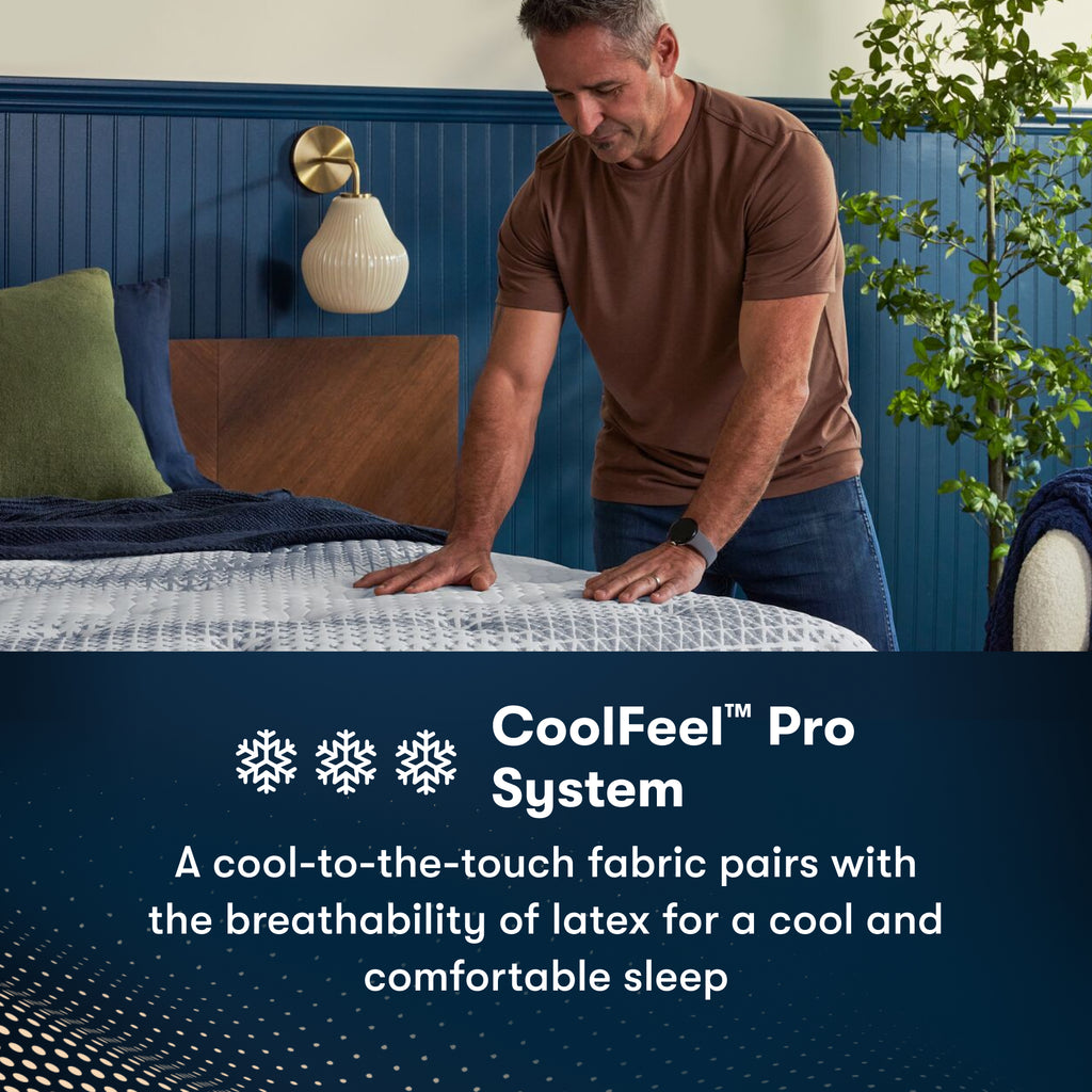 Man standing at the right of an iComfortPro Kingston Firm Mattress feeling the comfort || feel: firm || level: Level 3