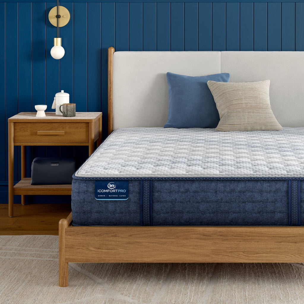 iComfortPro Ambrose Firm Mattress sitting in a brown bedframe || feel: firm || level: Level 2