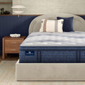 iComfortPro Buckingham Pillow Top Mattress sitting in a brown bedframe || feel: plush pillow top || level: Level 3