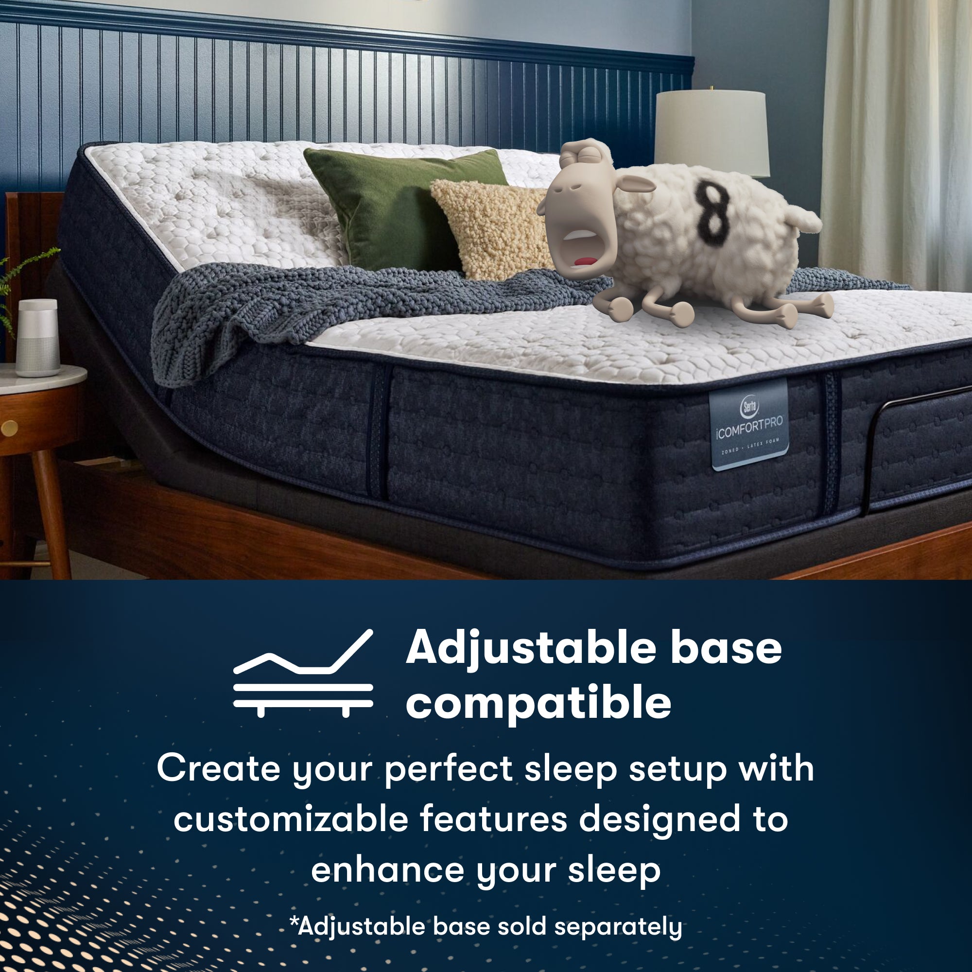 iComfortPro Canterbury Plush Mattress sitting in an adjustable base || level: Level 1
