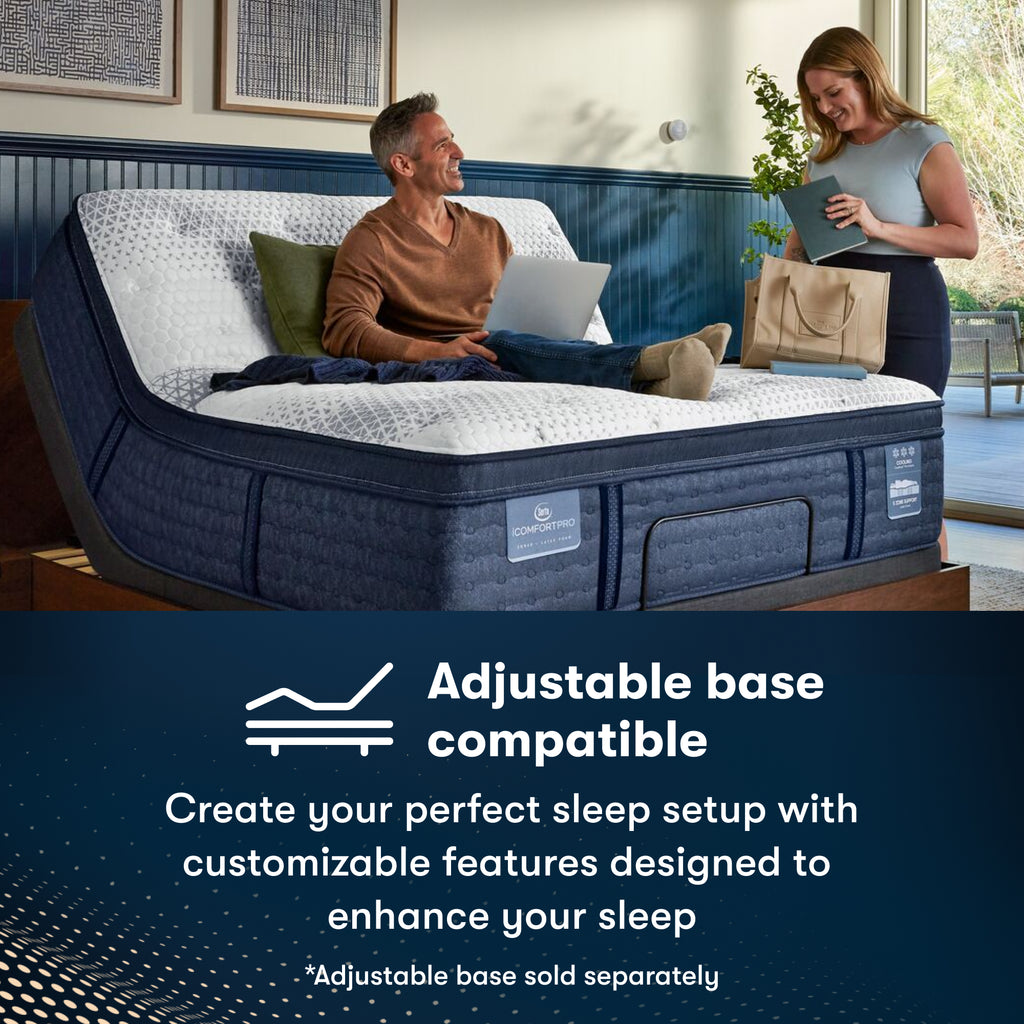 Man sitting on an iComfortPro Canterbury Plush Mattress slightly elevated on an adjustable base || level: Level 3
