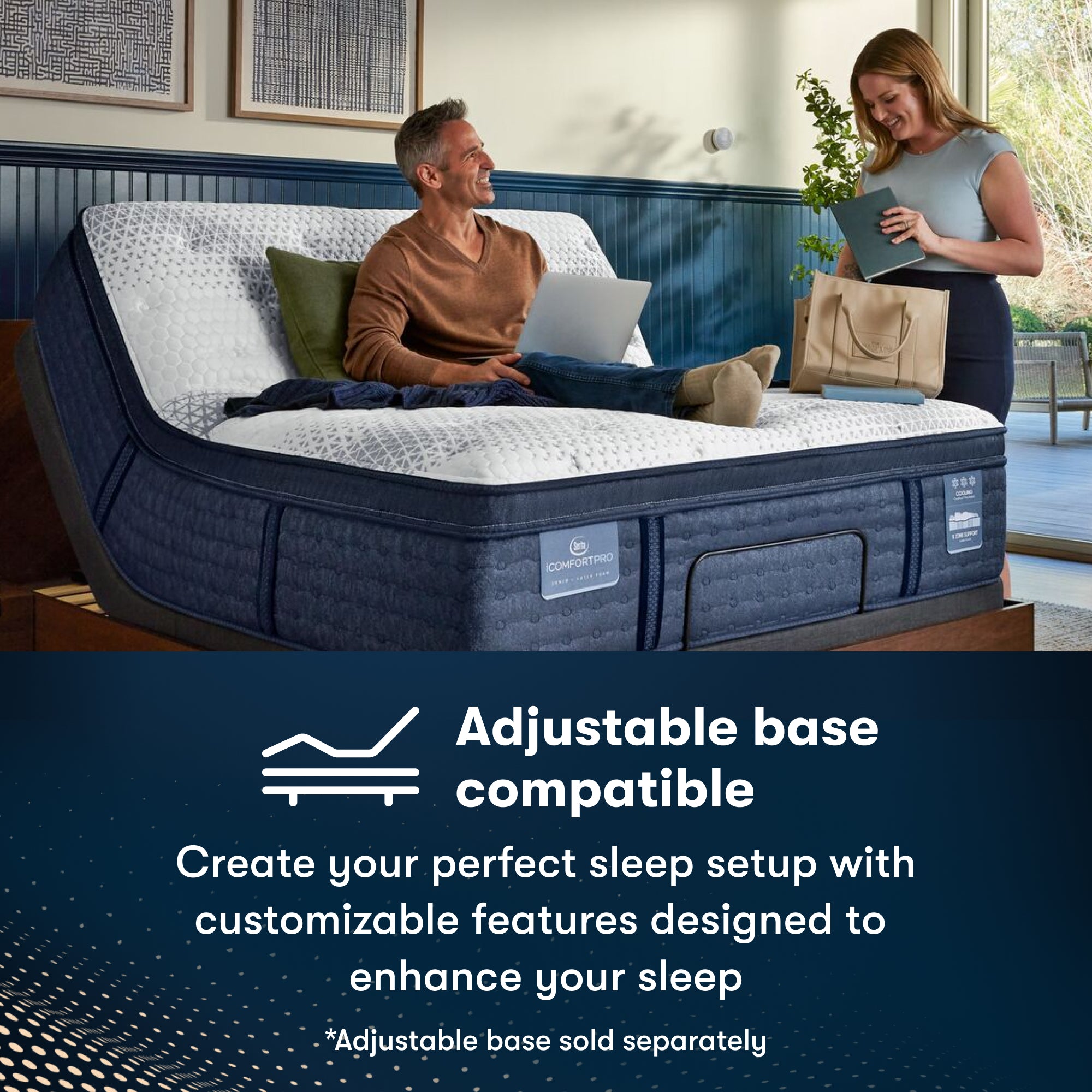 Man sitting on an iComfortPro Canterbury Plush Mattress slightly elevated on an adjustable base || level: Level 3