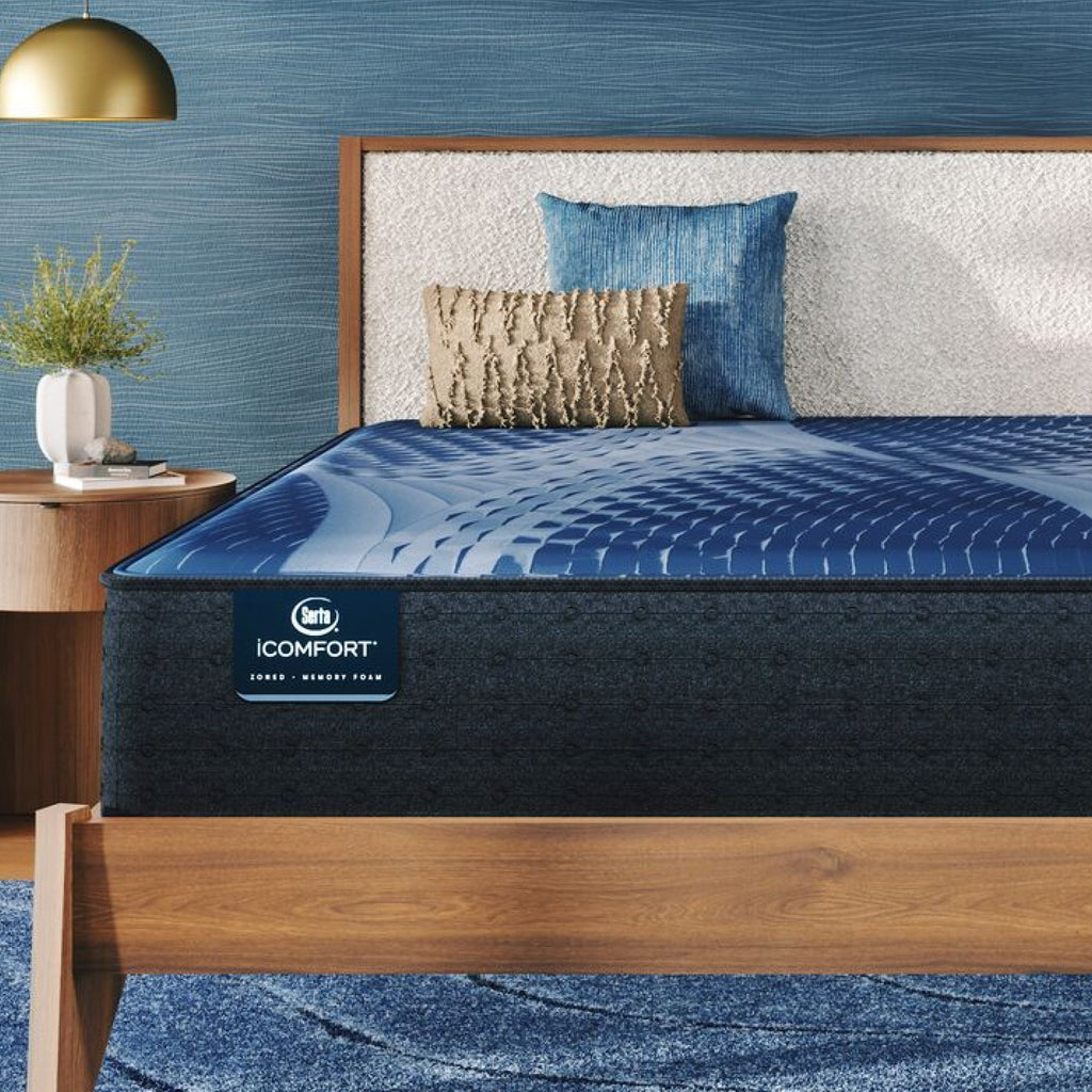 iComfort Aspire Plush Mattress sitting in a brown bedframe || feel: plush || level: Enhanced - 14"