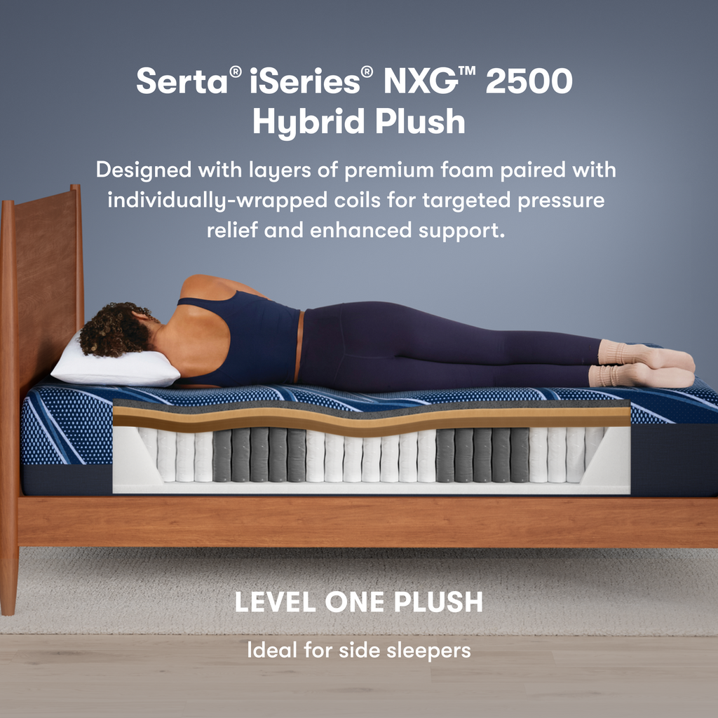 Serta iSeries NXG 2500 Hybrid Plush mattress with a person lying on it, showing mattress layers.