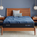 Blue Serta® iSeries® NXG™ mattress with a visible brand logo on a wooden bed frame in a bedroom setting.