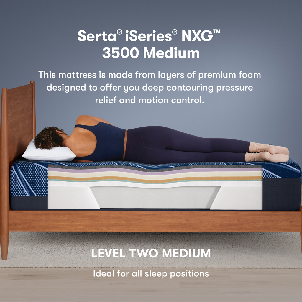 Serta iSeries NXG 3500 Medium mattress with a person lying on it, showing mattress layers.
