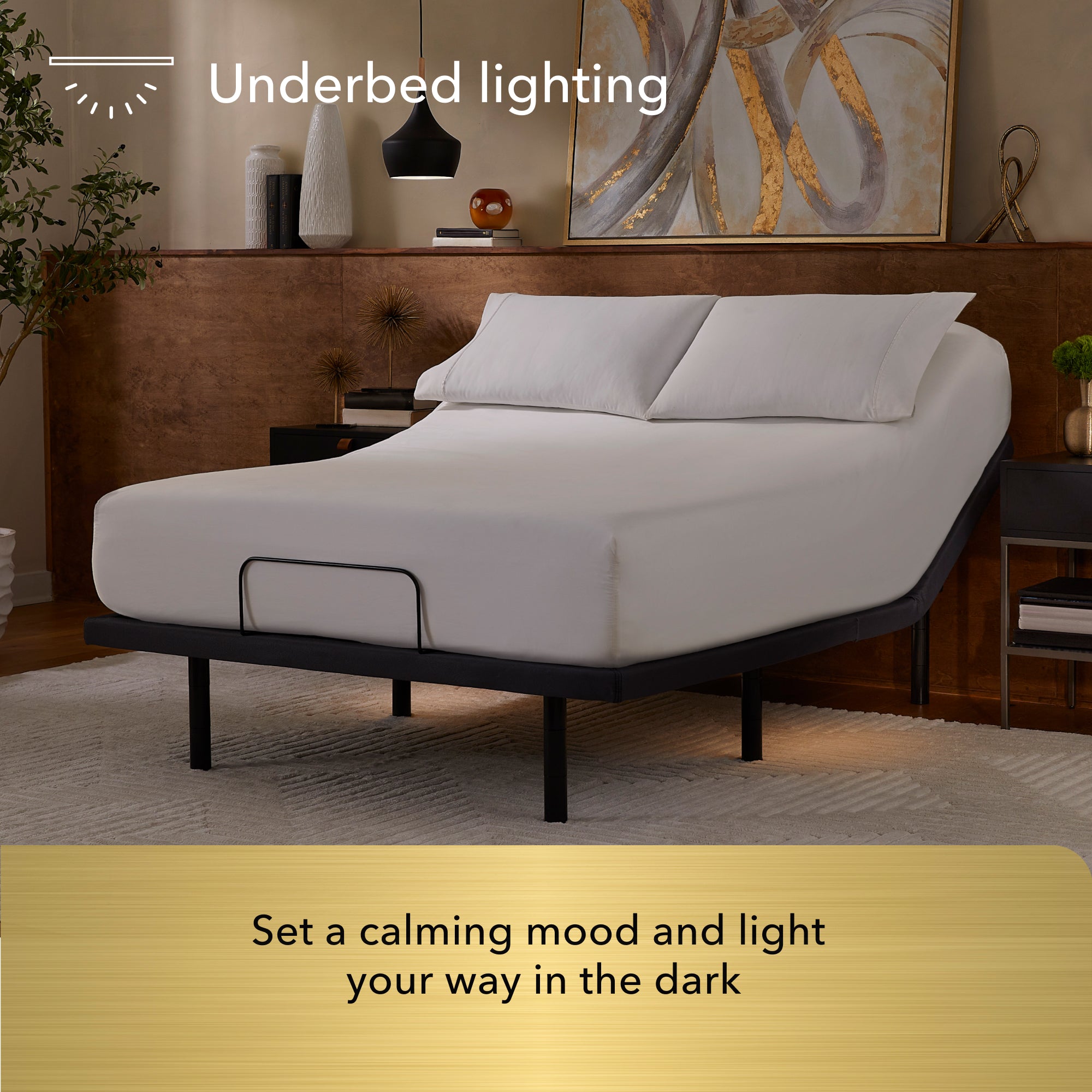 Baselogic Gold Adjustable Base with a white mattress sitting on top of it showing underbed lighting