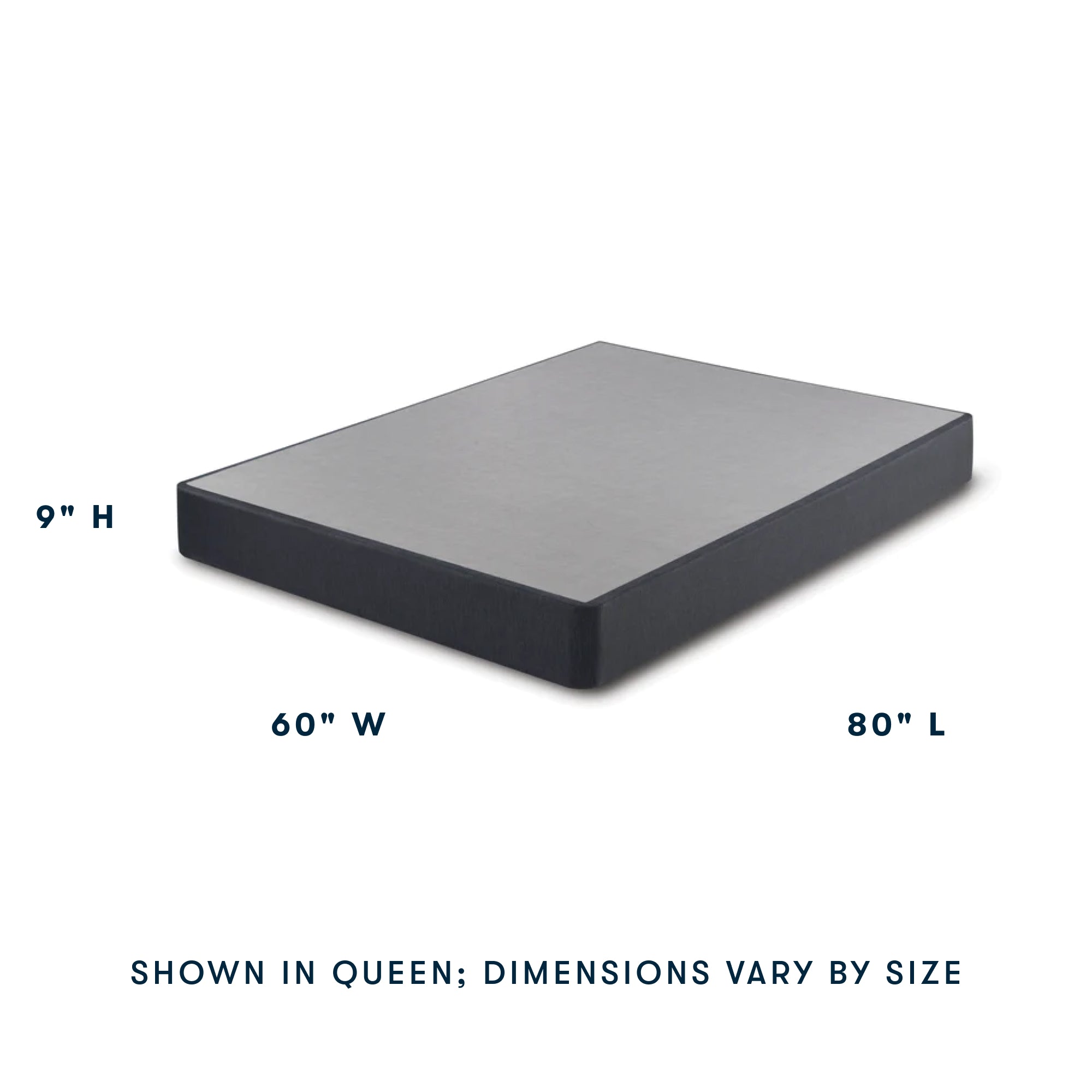 Serta Foundation shown as a queen size at an angle showing 9" in Height, 60" Width and 80" in Length || level: standard
