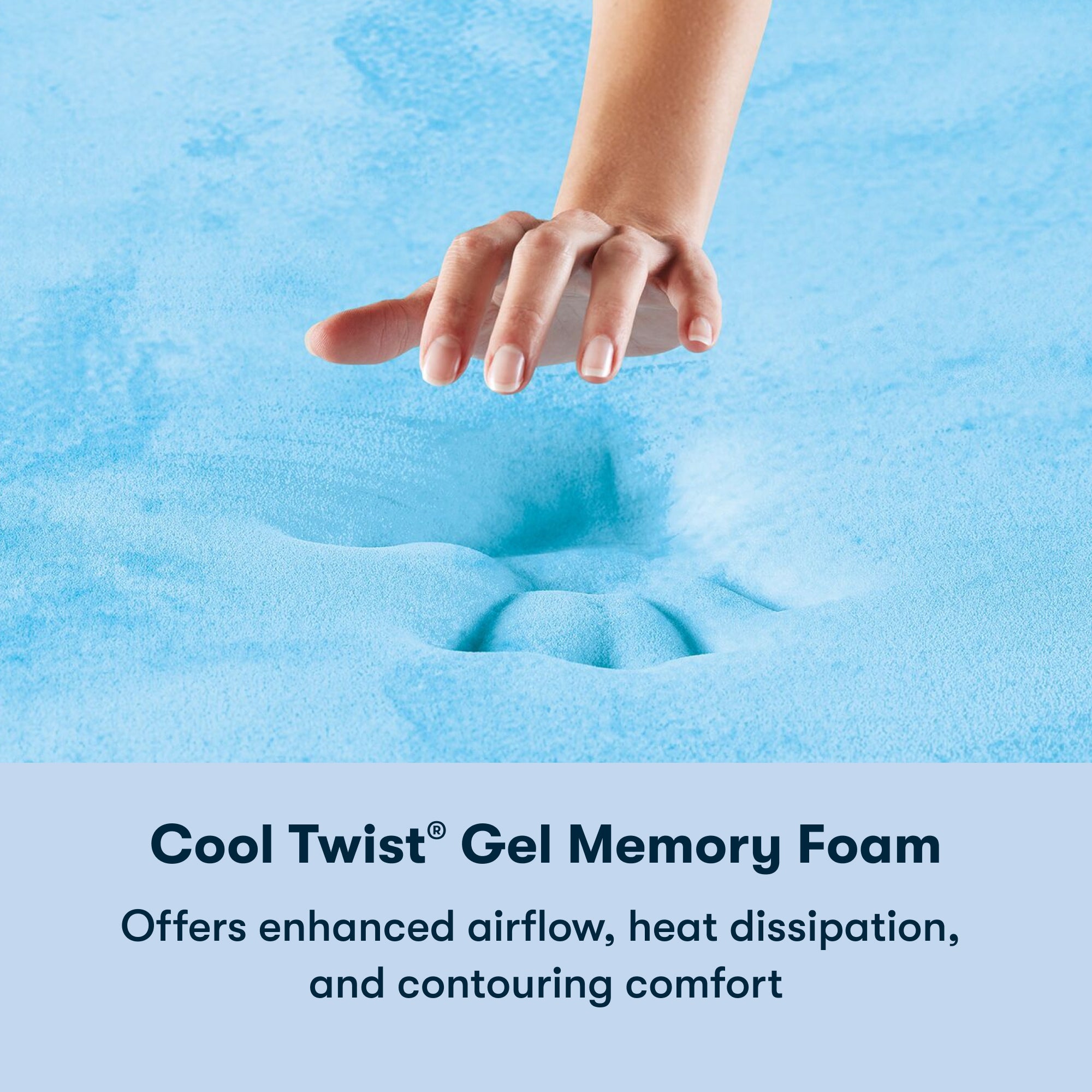 Woman's hand pressing on the gel memory foam of 12 inch foam mattress || feel: Medium