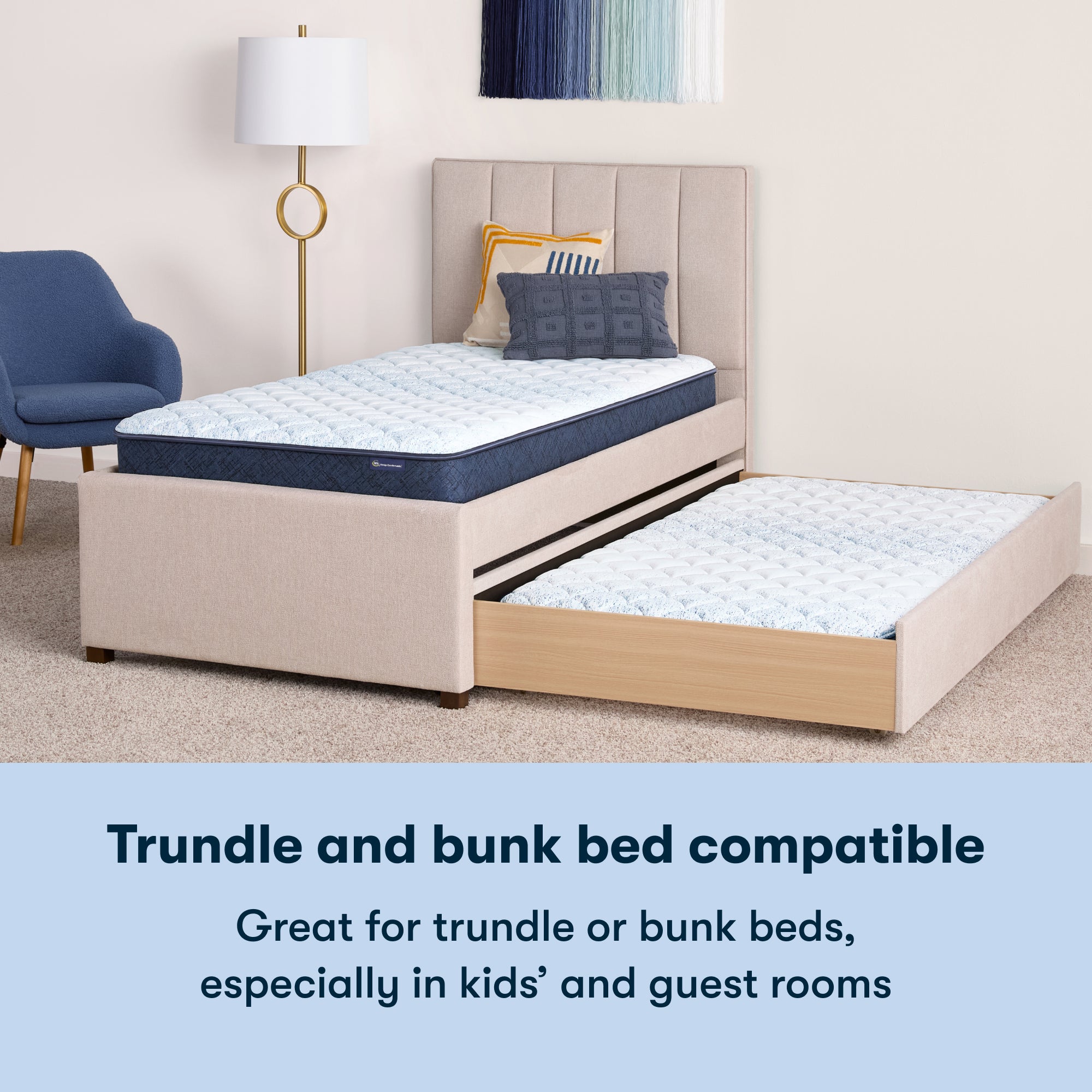 6 inch foam mattress sitting in a beige trundle bedframe || feel: Foam (6" Profile)