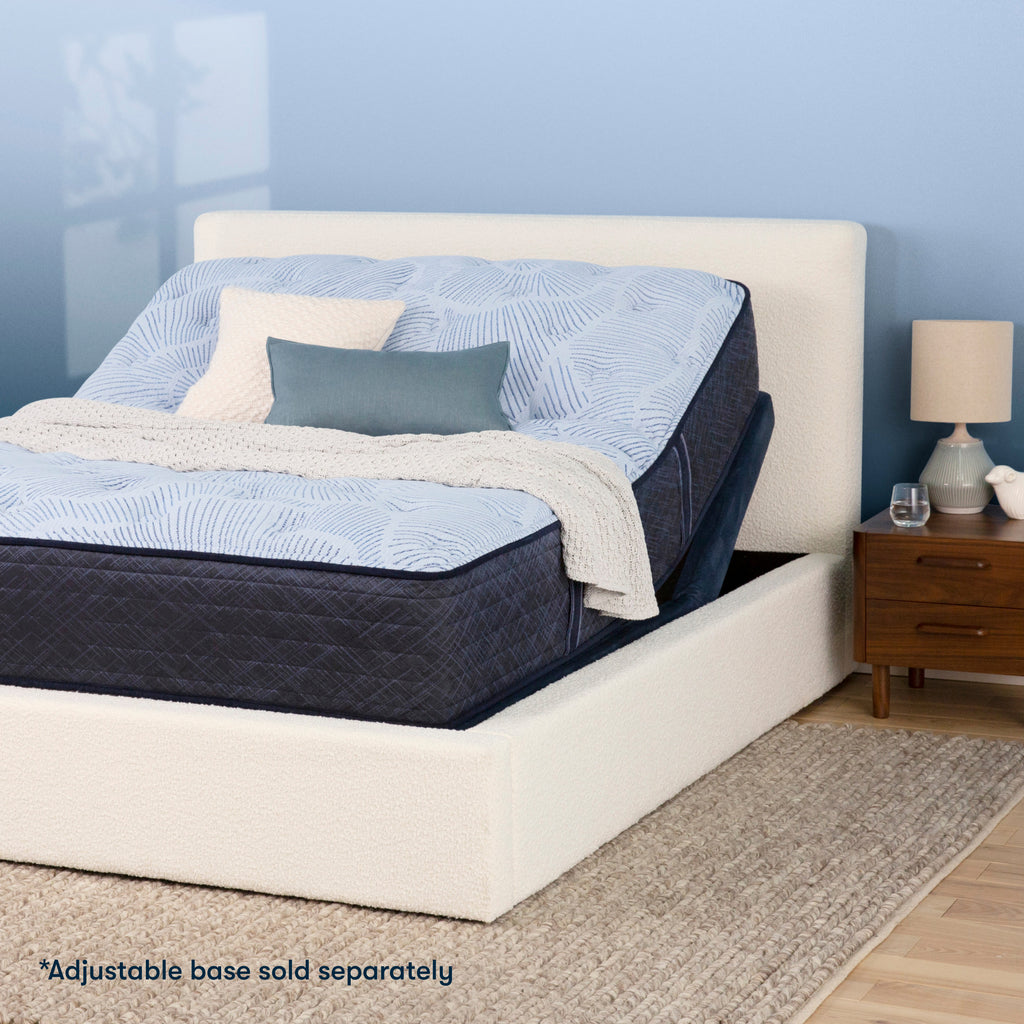 Serta Perfect Sleeper mattress with adjustable base on a beige bed||feel: extra firm||level: ultimate